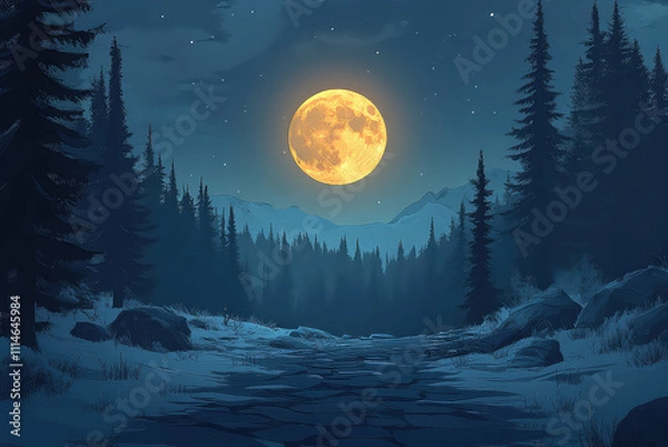 Obraz Full moon Night with river and tree vector illustrations 