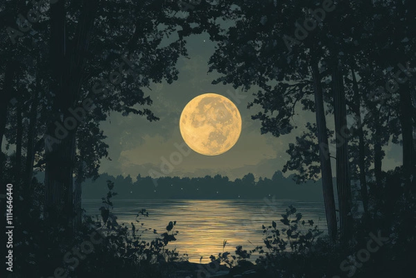Obraz Full moon Night with river and tree vector illustrations 