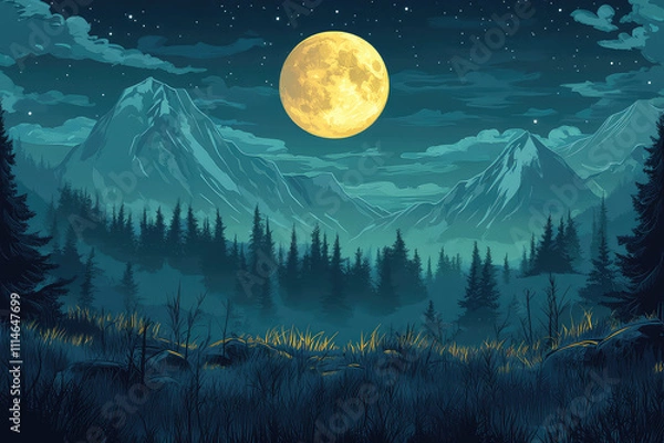 Obraz Full moon Night with river and tree vector illustrations 