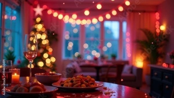 Fototapeta Festively arranged dining table with food, drinks, and colorful decorations, set for a cheerful holiday celebration