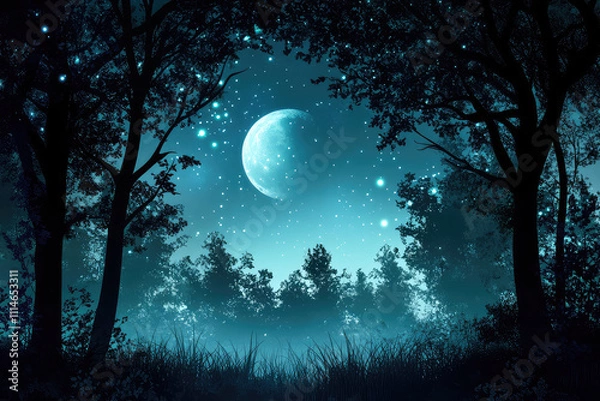 Obraz Full moon Night with river and tree vector illustrations 