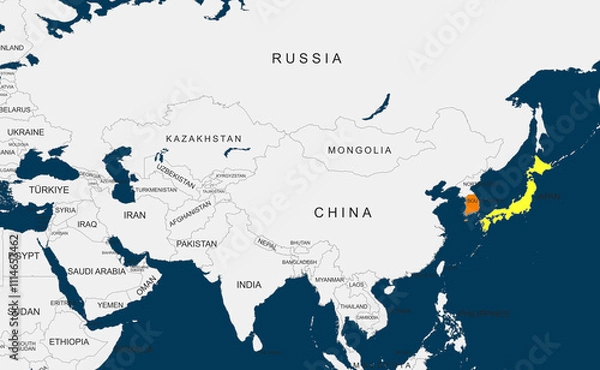 Fototapeta World Map Highlighting south korea and japan in Color