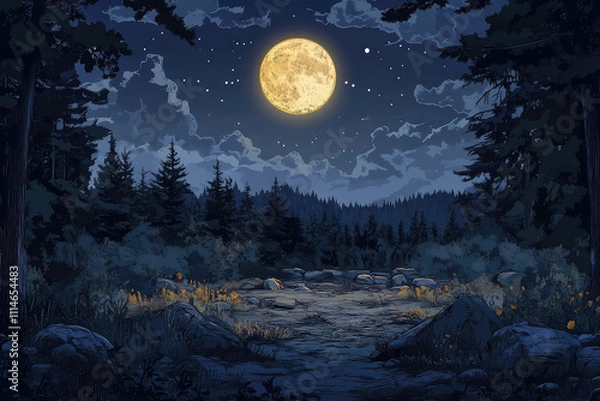 Obraz Full moon Night with river and tree vector illustrations 