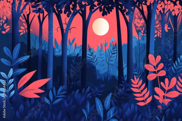 Obraz Full moon Night with river and tree vector illustrations 