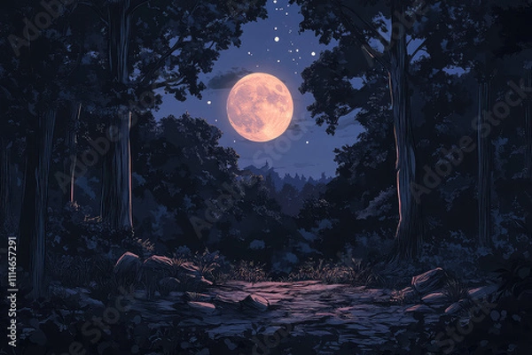 Obraz Full moon Night with river and tree vector illustrations 