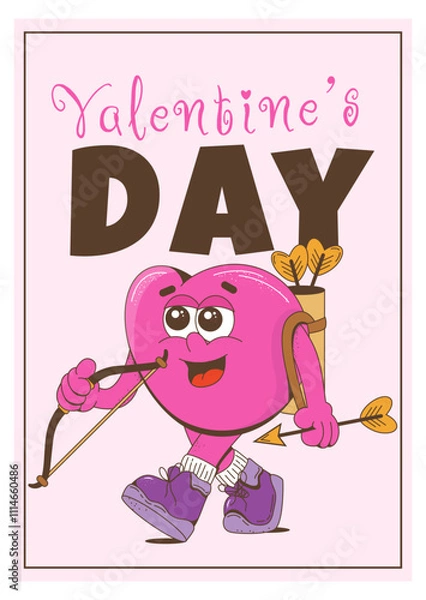 Fototapeta Pink heart character. A Valentine's day card. The heart of cupid with arrows.