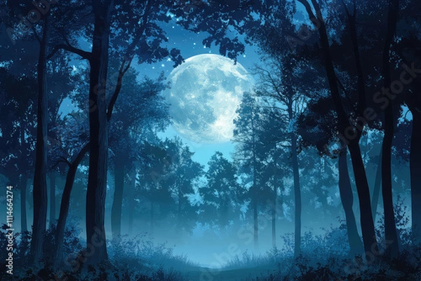 Obraz Full moon Night with river and tree vector illustrations 