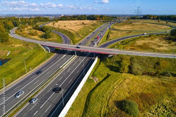 Fototapeta Aerial view of beltway route south and east highways Biezanow transportation hub in Kokotow district of Cracow in Poland