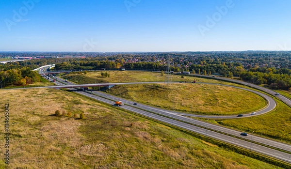 Fototapeta Aerial view of beltway route south and east highways Biezanow transportation hub in Kokotow district of Cracow in Poland