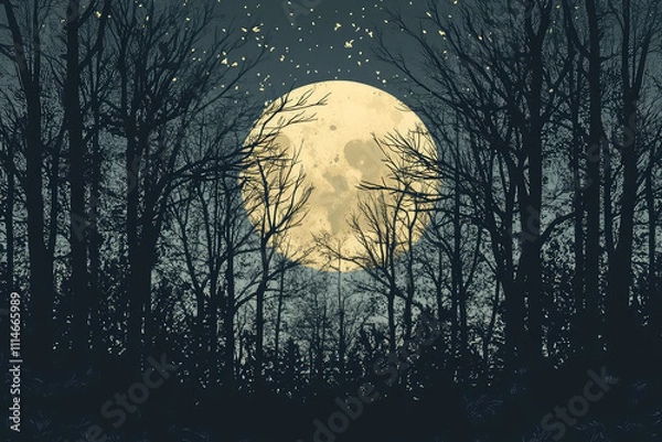 Obraz Full moon Night with river and tree vector illustrations 