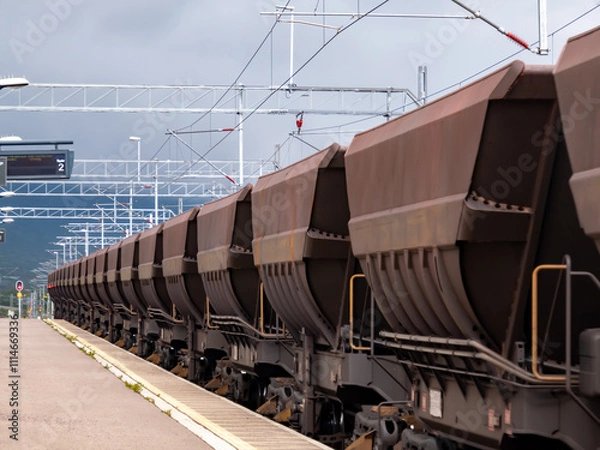 Obraz A freight train transporting iron ore from Kiruna, Sweden to Narvik, Norway. Summer 2023.Abisko, Western Europe