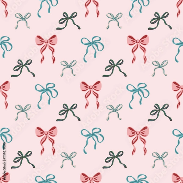 Fototapeta Seamless pattern of hand-drawn ribbon bows in various colors on a light pink background. Decorative coquette design for wrapping paper, textile, wallpaper, cover, greeting cards. Vector illustration