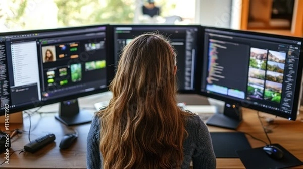 Fototapeta Woman Working on Triple Monitor Setup