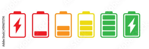 Fototapeta Battery colorful icons. Battery charge level indicators. Charging energy icons. hone Battery life icon.