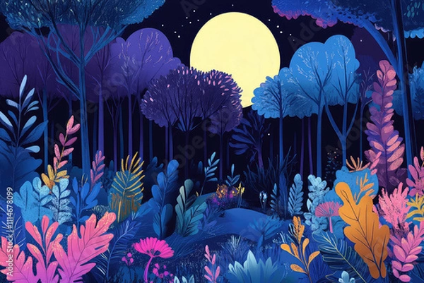 Obraz Full moon Night with river and tree vector illustrations 