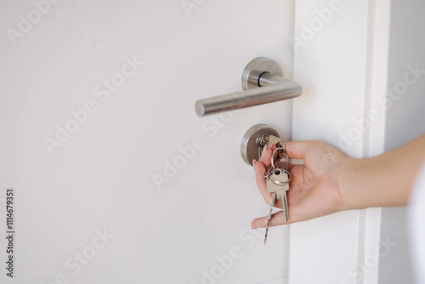 Fototapeta Side view of hand inserting keys into a door lock with a sleek, modern design.