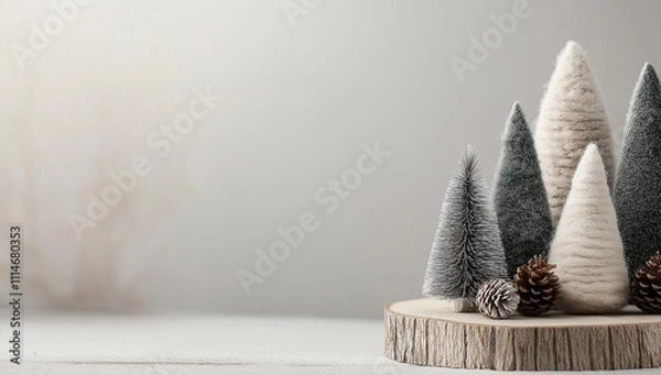Fototapeta A wooden log with a group of Christmas trees on top of it