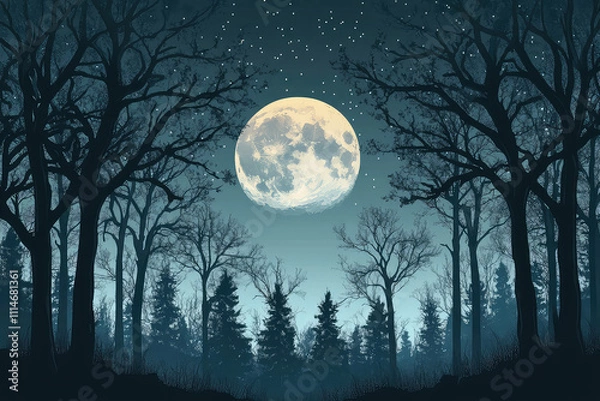 Obraz Full moon Night with river and tree vector illustrations 