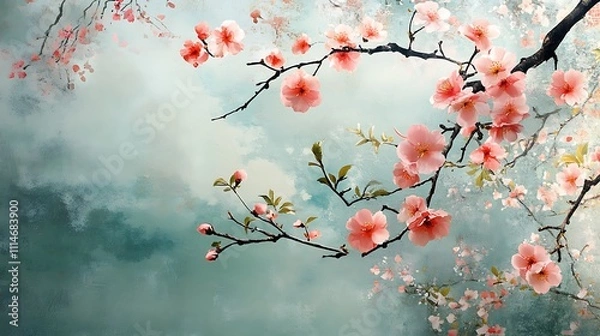 Fototapeta Delicate pink blossoms against a soft blue-green sky. Tranquil nature scene.