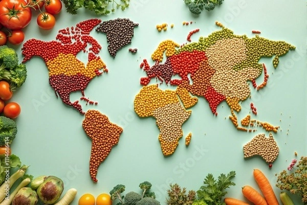 Fototapeta Colorful World Map Created with Assorted Legumes and Vegetables