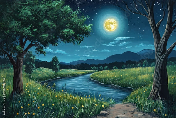 Obraz Full moon Night with river and tree vector illustrations 