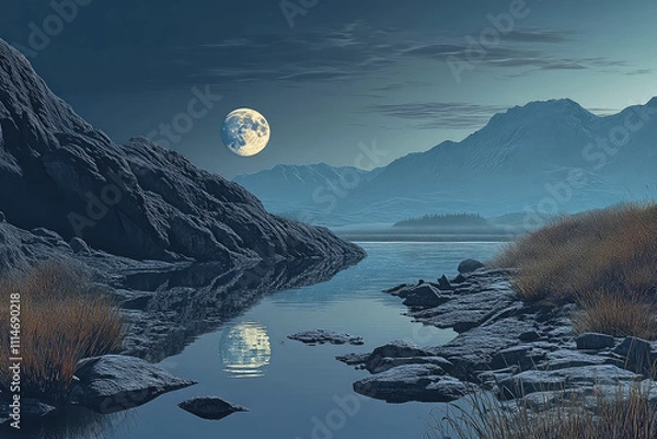 Obraz Full moon Night with river and tree vector illustrations 