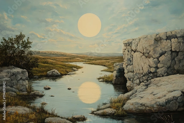 Obraz Full moon Night with river and tree vector illustrations 