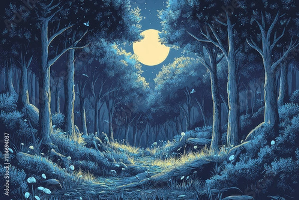 Obraz Full moon Night with river and tree vector illustrations 