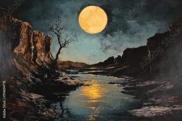 Obraz Full moon Night with river and tree vector illustrations 