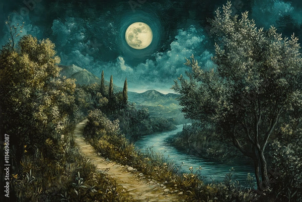 Obraz Full moon Night with river and tree vector illustrations 