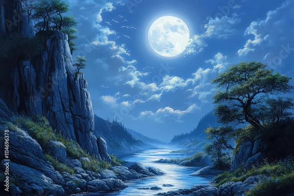 Obraz Full moon Night with river and tree vector illustrations 