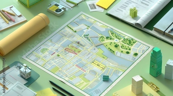Fototapeta An urban planner's workspace with city maps, 3D models, and planning permit documents on a light green surface