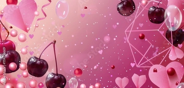 Obraz Gradient from pink to dark cherry, pearl cherry pearls, pink glitter, flying bubbles, a cherry geometric frame, and pink paper hearts