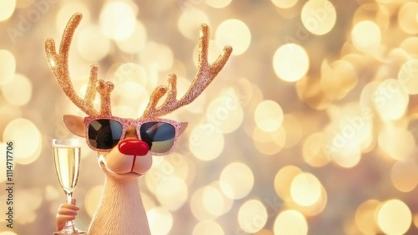 Fototapeta Festive Reindeer wearing sunglasses holds a glass of champagne Cheers to the Holidays Happy New Year, set against a glowing golden bokeh background