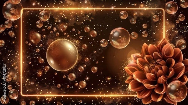 Fototapeta Metallic bronze canvas, central pearl bronze pearls surrounded by bronze glitter, flying bubbles, a bronze neon frame, and a neon bronze chrysanthemum for a high-resolution wallpaper