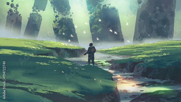 Fototapeta A futuristic soldier stands on an alien planet surrounded by floating rocks, in a surreal sci-fi landscape under a dramatic sky, digital art style, illustration painting