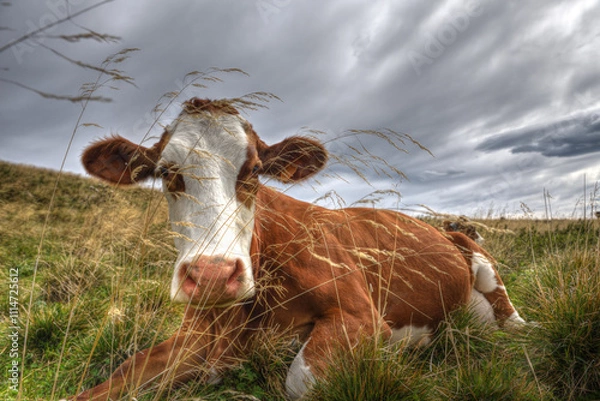 Obraz Young cow sitting in long grass under a dramatic sky in a mountain meadow.