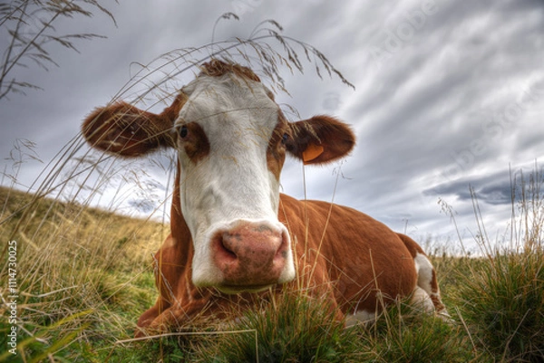 Obraz Young cow sitting in long grass under a dramatic sky in a mountain meadow.