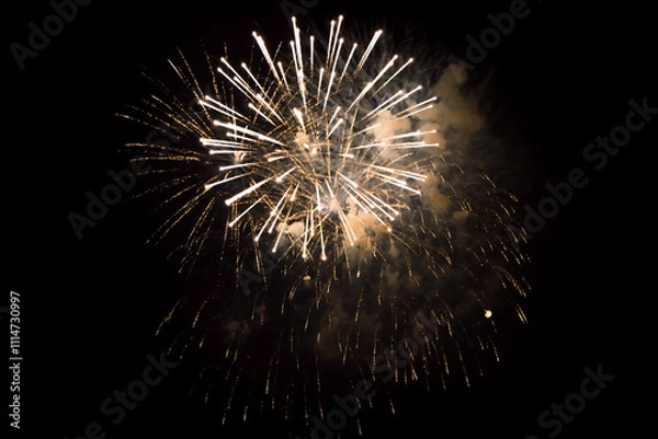 Obraz White yellow fireworks closeup in black background.
