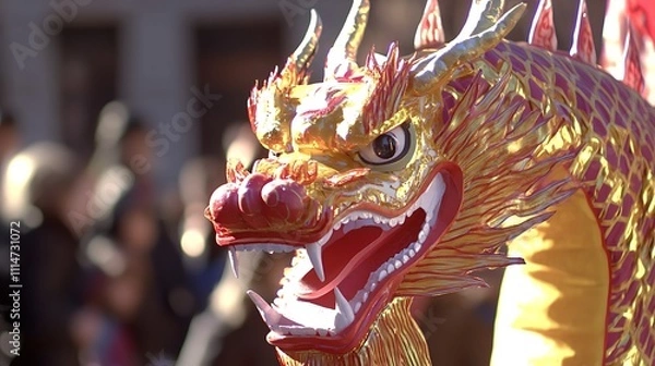 Fototapeta A vibrant golden and red dragon head parades