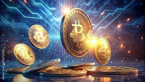 Fototapeta Futuristic Digital Currency Concept with Floating Bitcoins