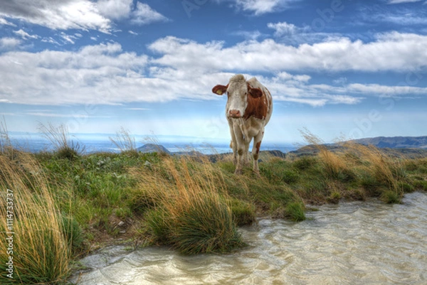 Fototapeta Cow standing next to a pool on a windy summer's day in the mountains.