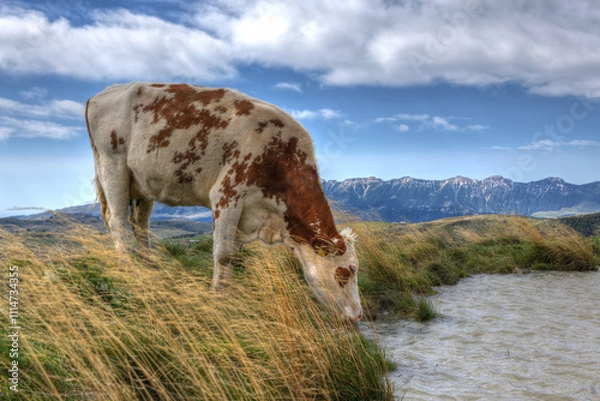 Obraz Cow drinks from a pool in a mountain meadow.