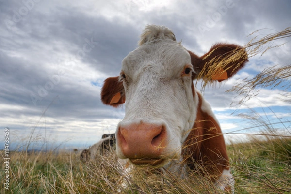Obraz Young cow relaxes laying in long grass in an Alpine meadow