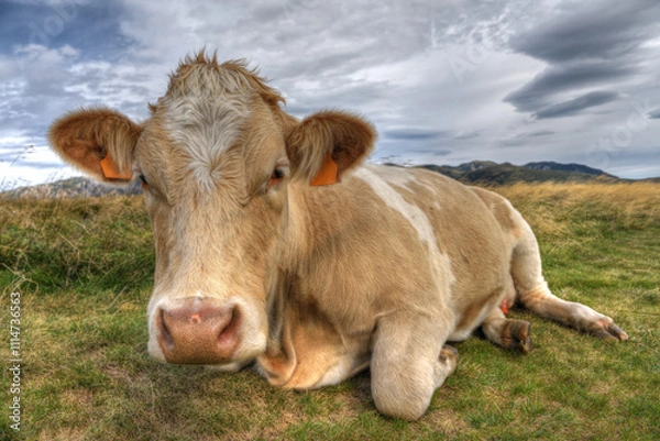 Obraz Close-up portrait of a young cow sitting in an Alpine meadow.