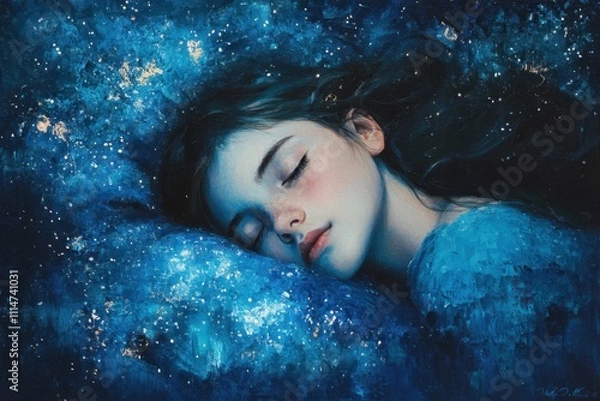 Obraz A dreamy depiction of a girl sleeping under a starlit sky, her form blending seamlessly into the textured oil-paint heavens --ar 3:2 --v 6.1 Job ID: 073dac43-2348-4b9f-8a77-a367fefe3d25