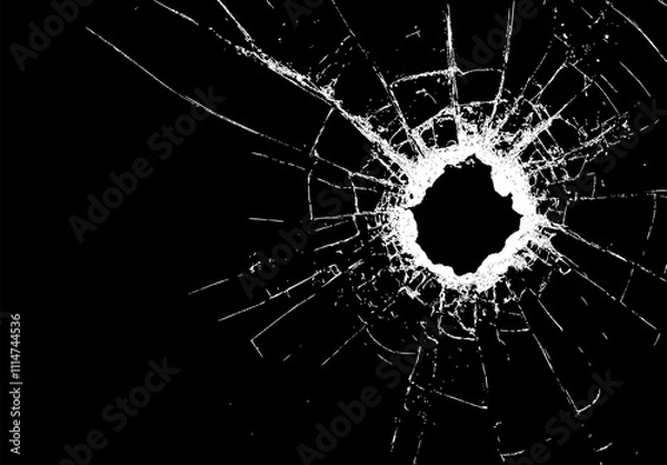 Obraz Bullet hole with radiating cracks radiating outwards against black background. Hole in shattered glass with cracks. Glass surface broken. Effect for gaming or warning visuals. Vector image..