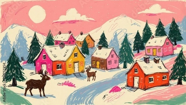 Obraz Colorful Naïve Christmas Village – Whimsical Holiday Art
