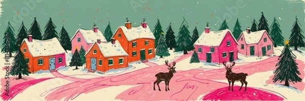 Obraz Modern Naïve Christmas Village Banner – Snowy Scene with Stylized Reindeer and Pines