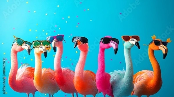 Obraz Six flamingos, each sporting colorful sunglasses, against a vibrant blue backdrop.  A fun, summery scene!